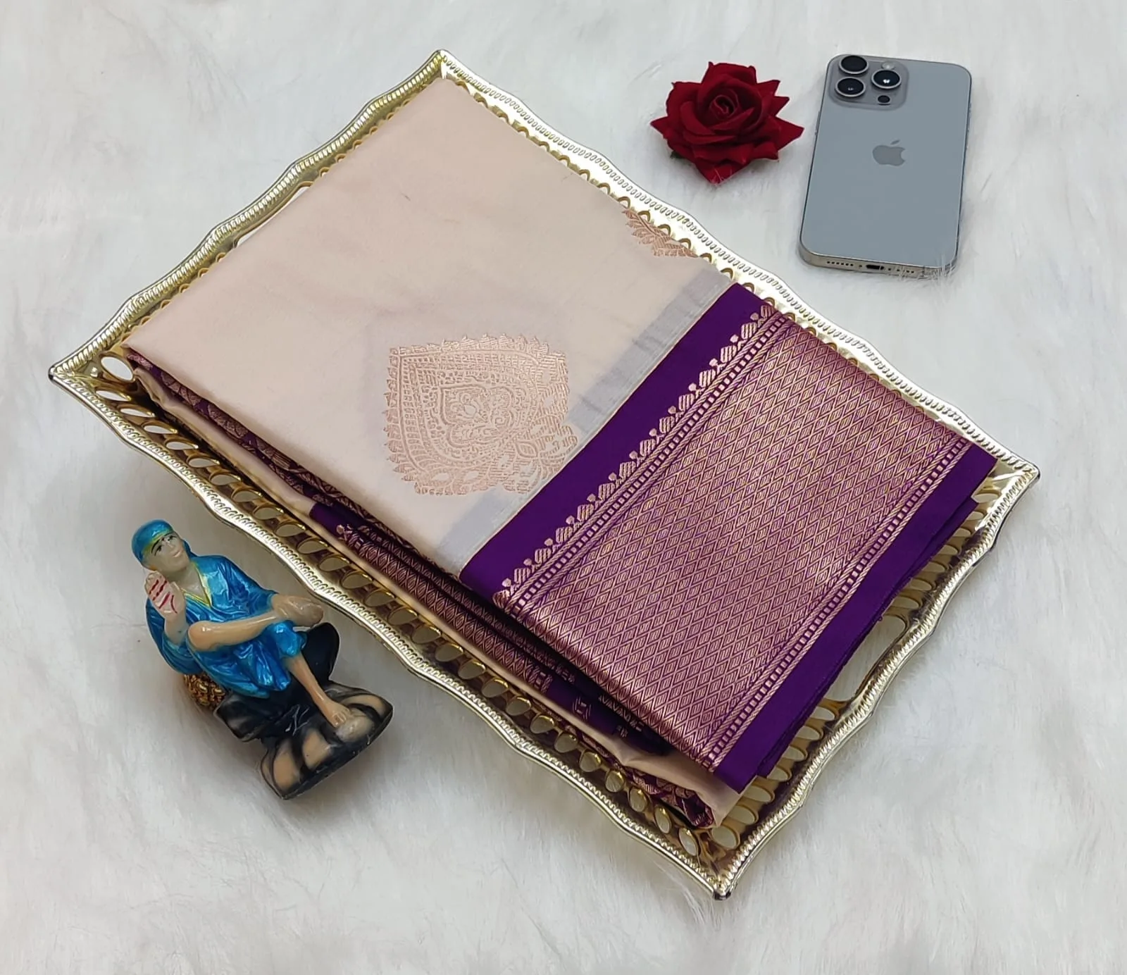 Butta Motif with Purple Contrast Border Korvai Soft Silk Saree